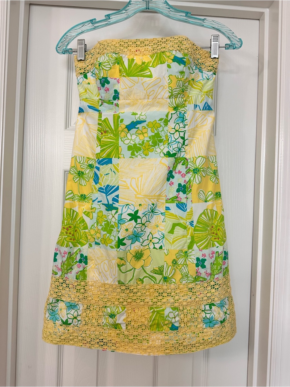 Strapless Patchwork Floral Bowen Dress in Yellow and Green
